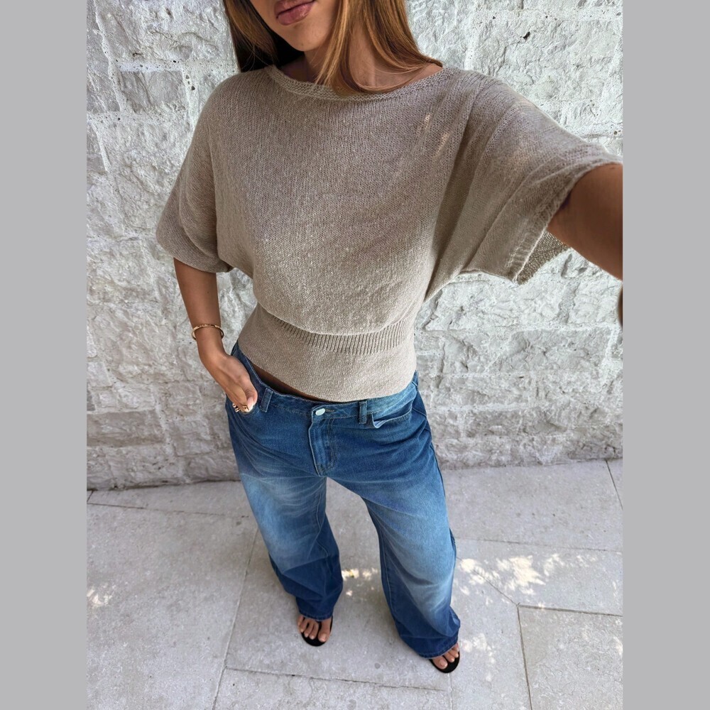 Tan Taupe Knit Boat Neck Batwing Sleeve Ribbed Hem Crop Sweater